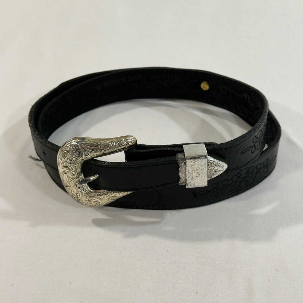 Nocona Mens Leather Western Belt 32 Black Engraved Silver Buckle USA G331